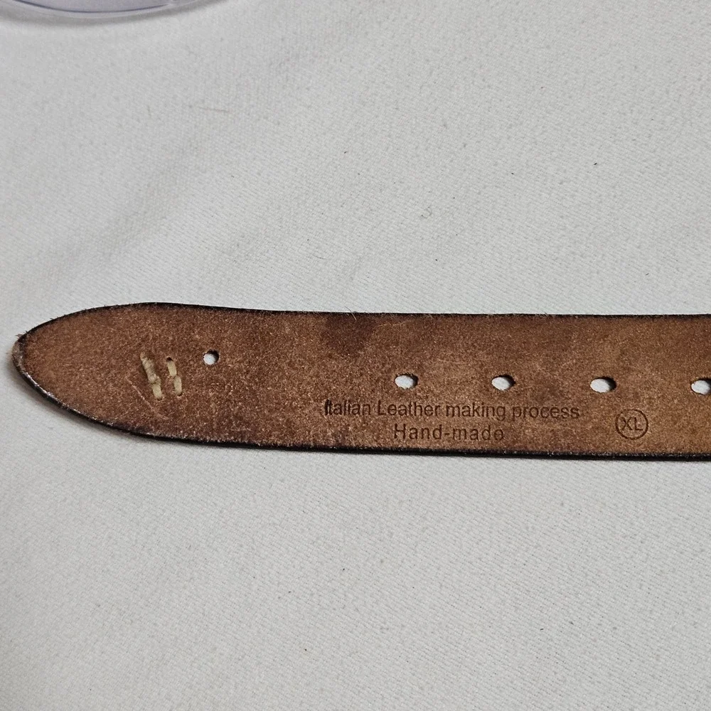 Handmade Brown Italian Leather Belt XL Antique Brass Roller Buckle Cross Stitch